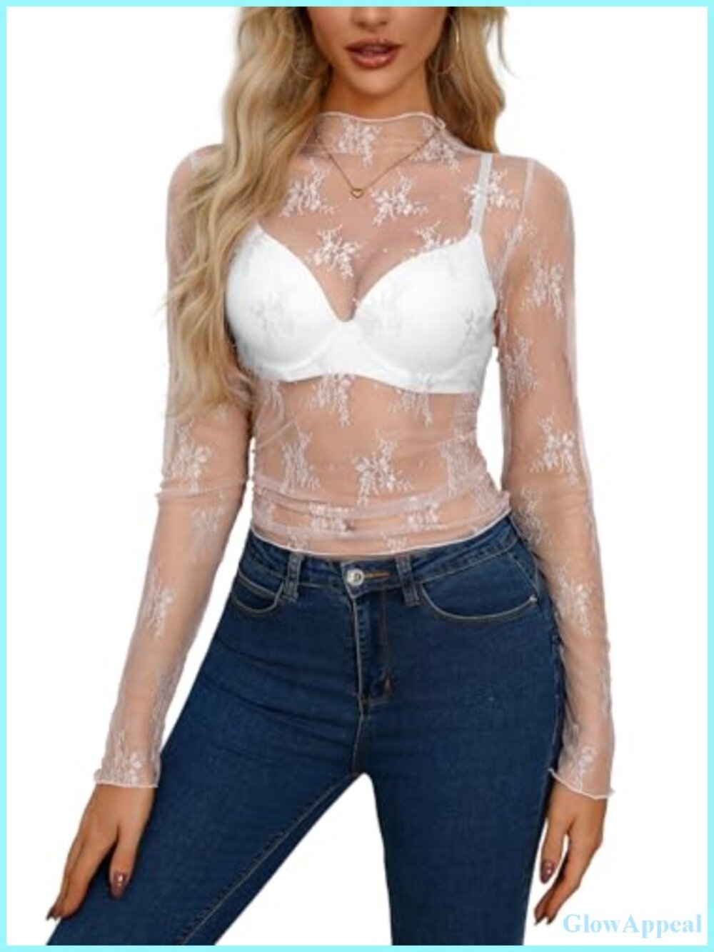 Womens Sheer Mesh Lace Crop Top Mock Neck Long Sleeve Y2K Layering Blouse